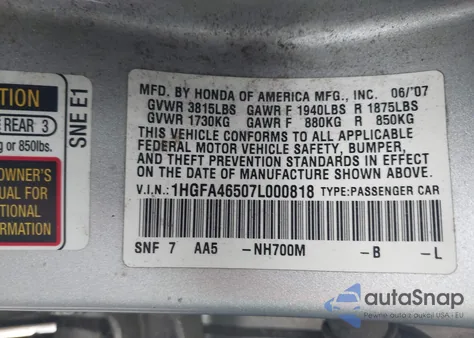 2007 Honda Civic Gx from USA, damaged, VIN 1HGFA46507L000818